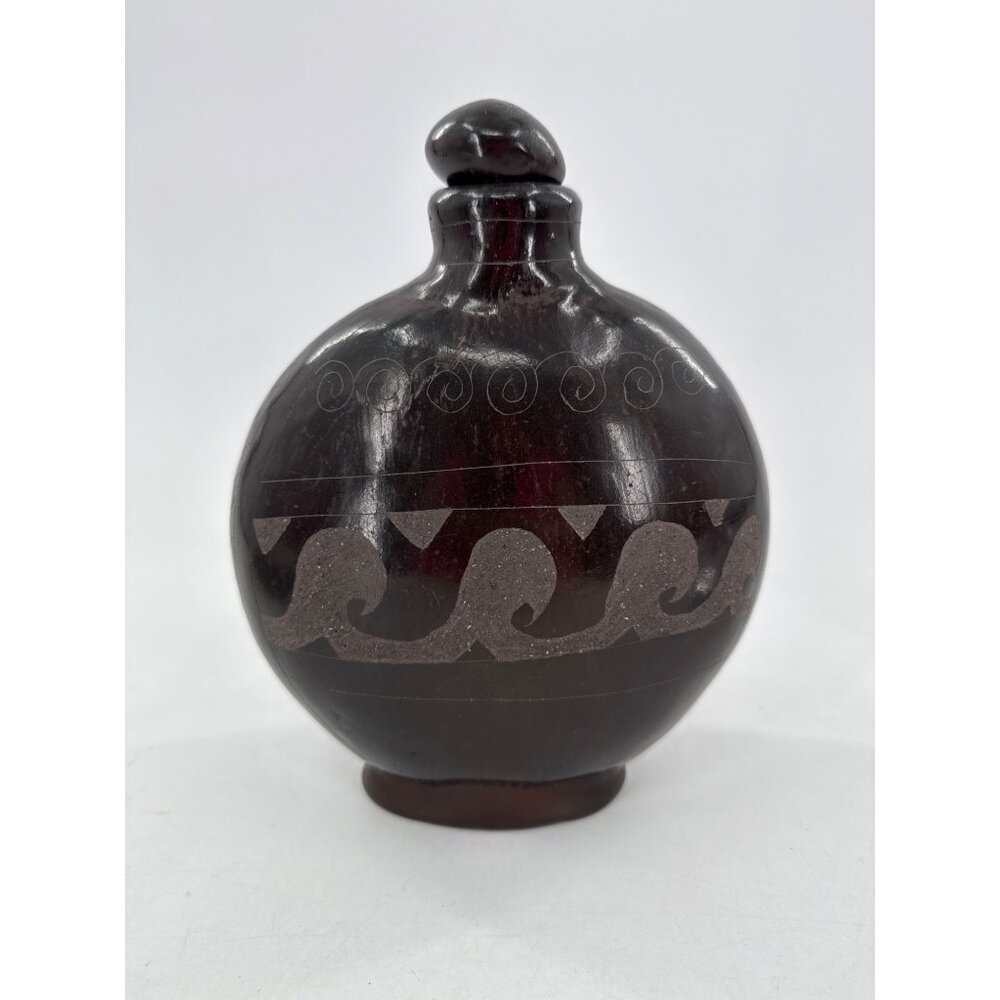 Black Pottery Vase With Incised Geometric Patterns Vintge‎